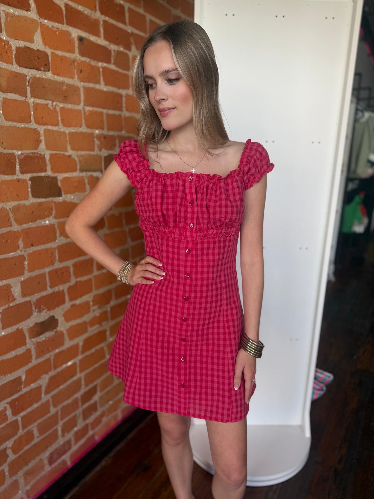 Gingham Frill Strap Mini Dress in Fuchsia