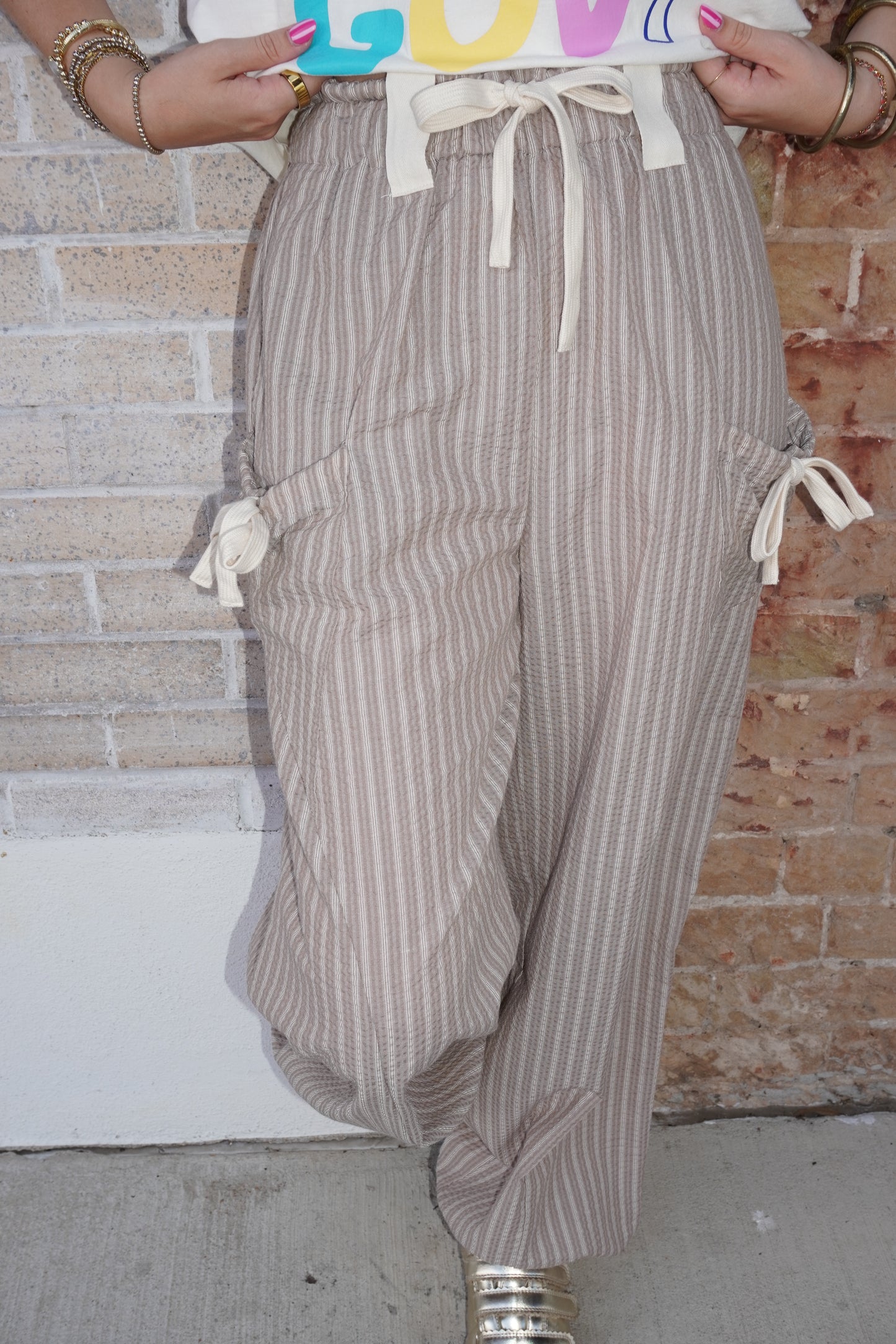 Keleigh Stripe Pants in Taupe/White
