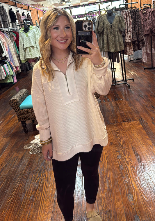 Zipped Halfway Waffle Knit Top in Cream