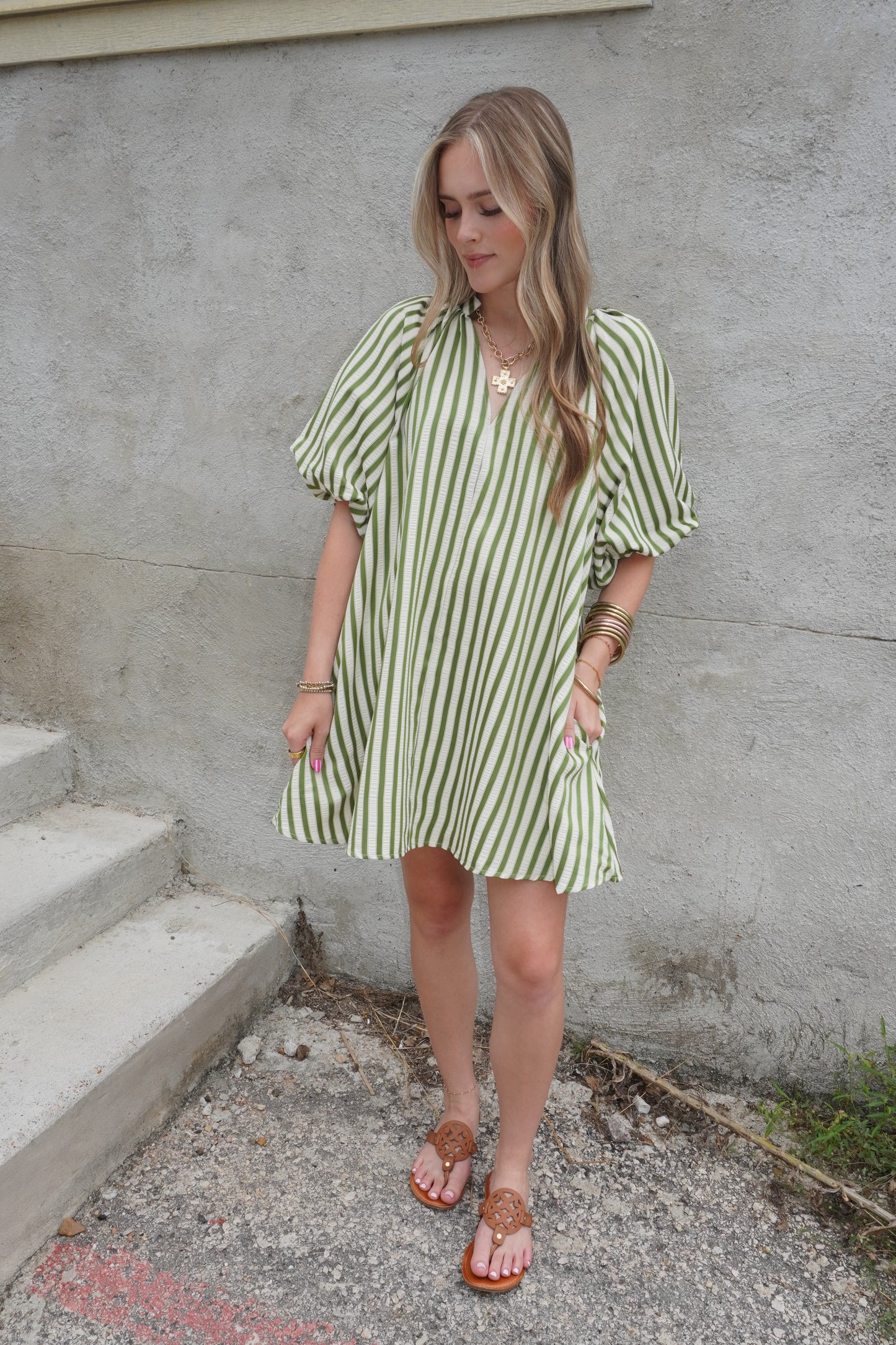 Puff Sleeve Stripe Dress in Green