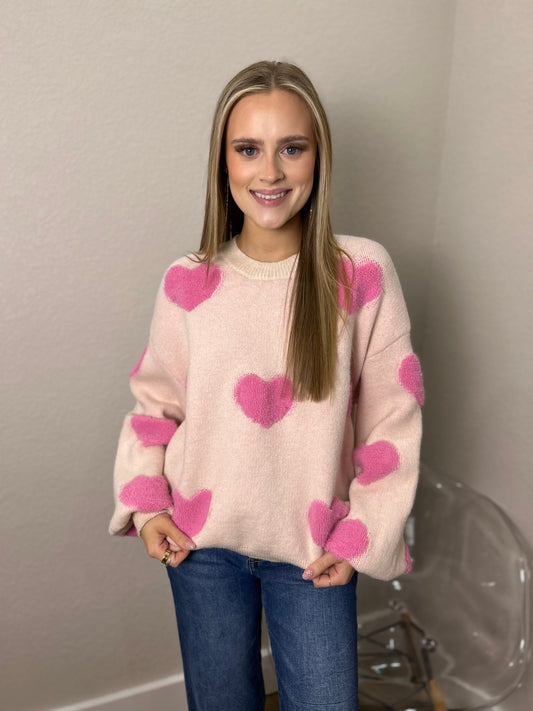 Lovie Heart Crew Sweater in Pink