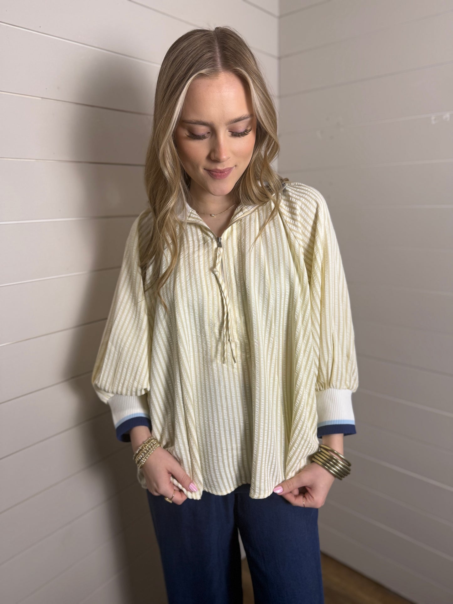 Half Zipped Striped Top in Lt Taupe