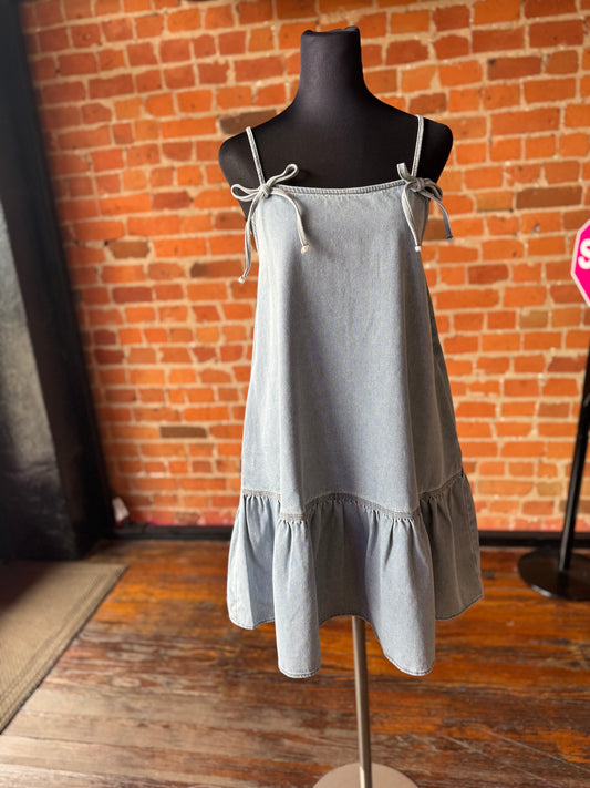 Denim Mini Dress w/ Ribbon Bows