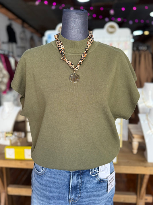 Mock Neck Knit Sweater Top in Olive