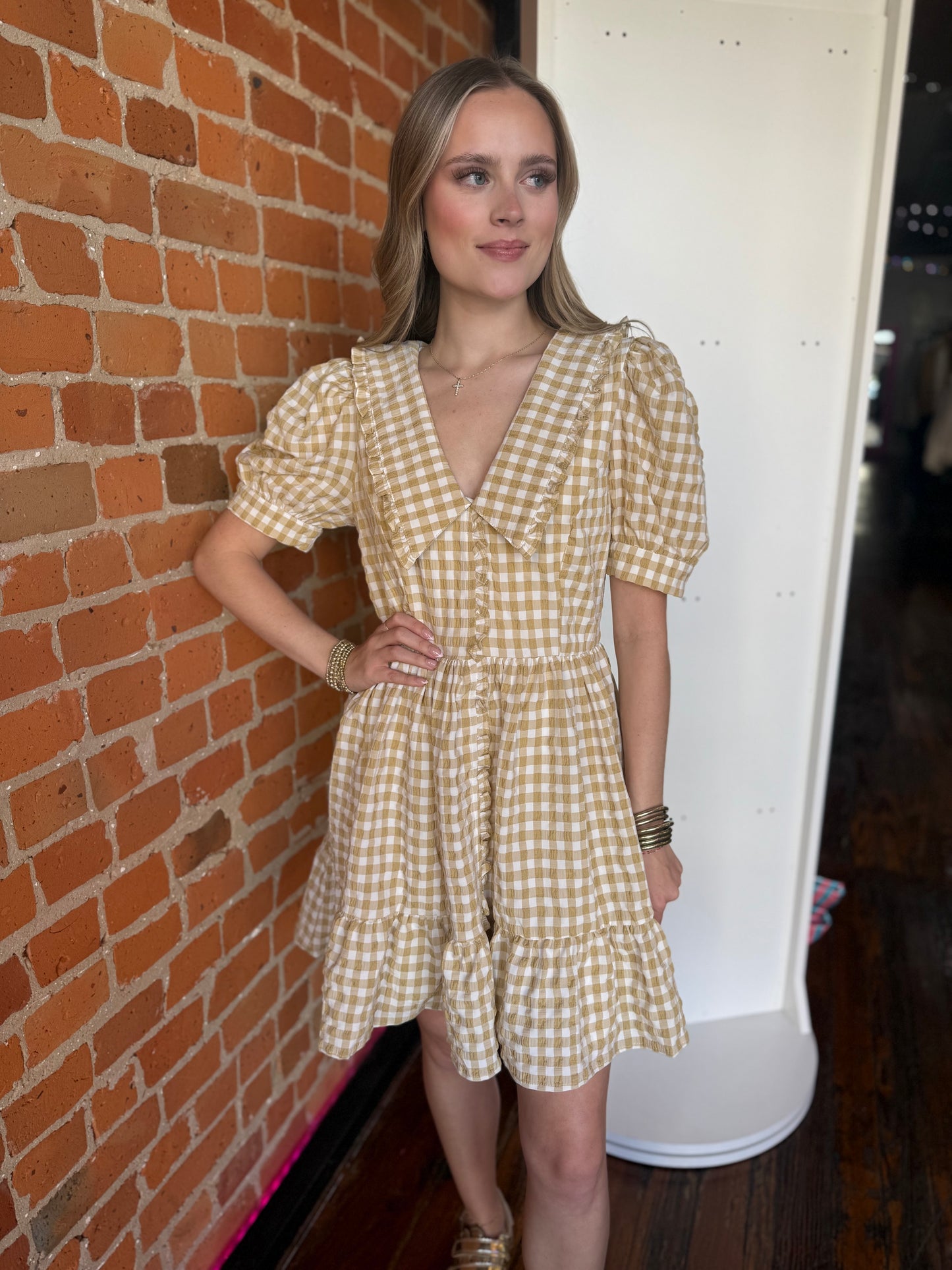 Peter Pan Gingham Dress in Beige