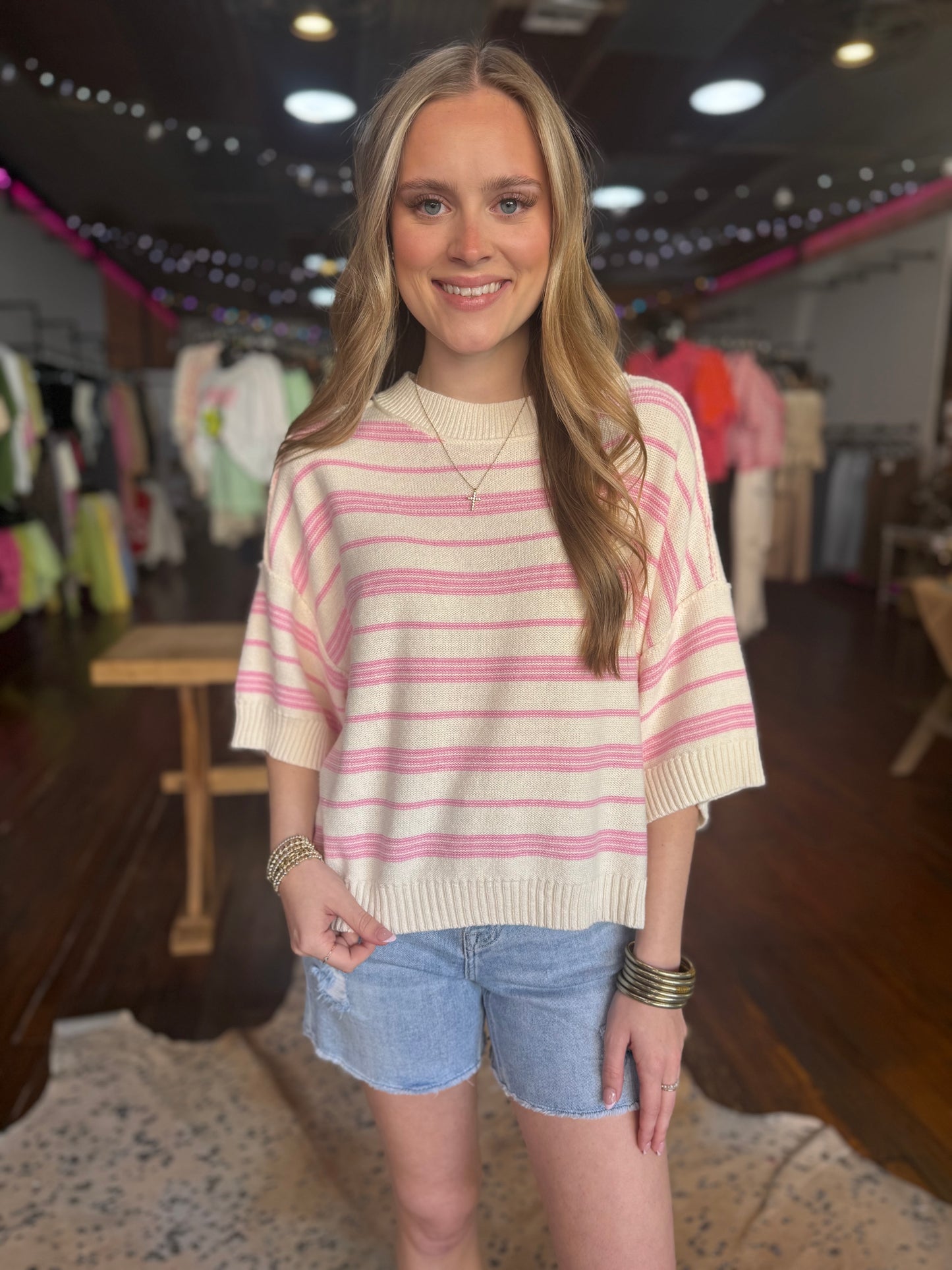 Drop Sleeve Striped Sweater Top in Pink