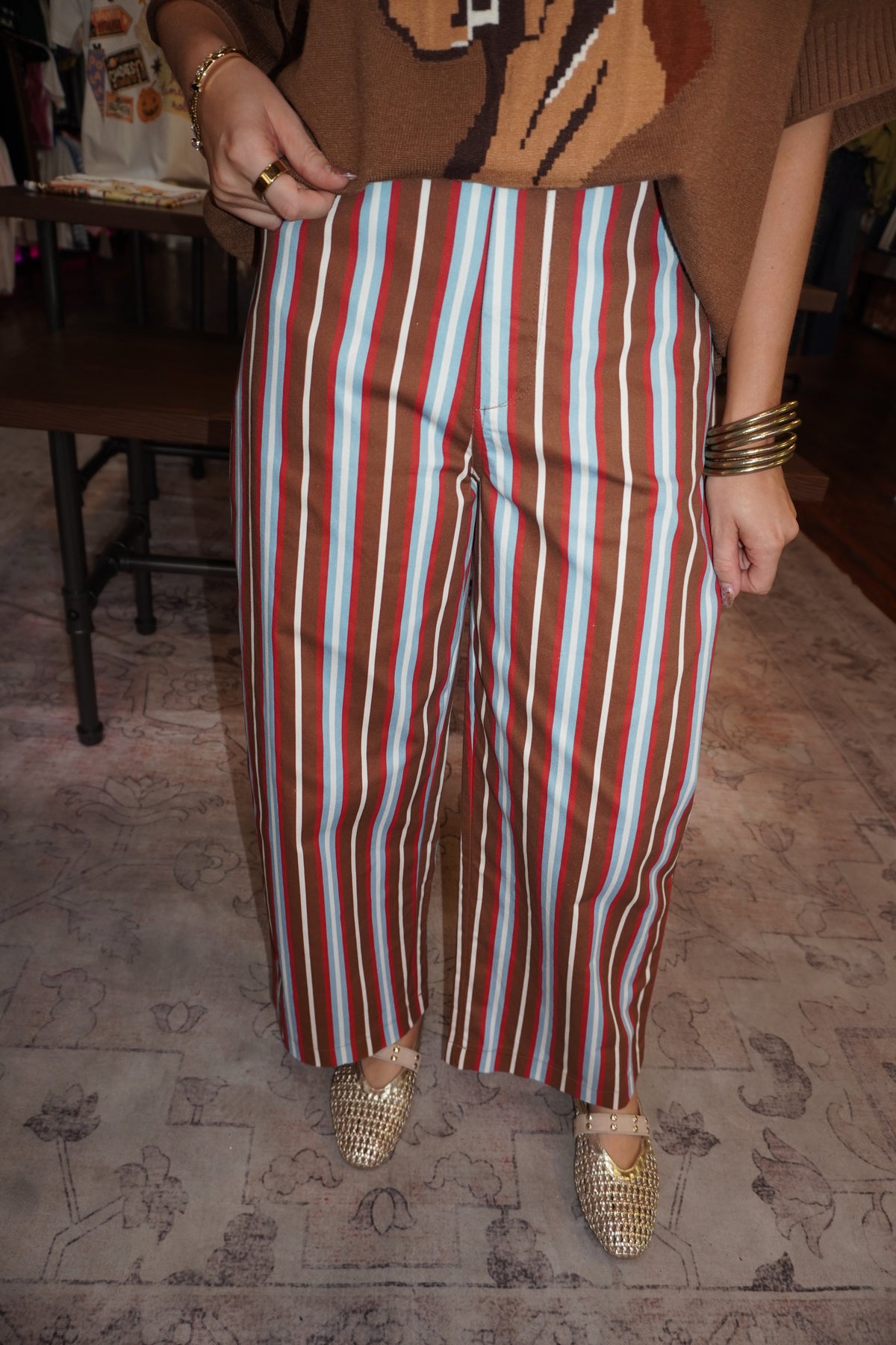 Barrel Stripe Pants in Camel/Blue