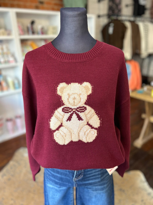 Teddy Jacquard Pullover Sweater in Burgundy