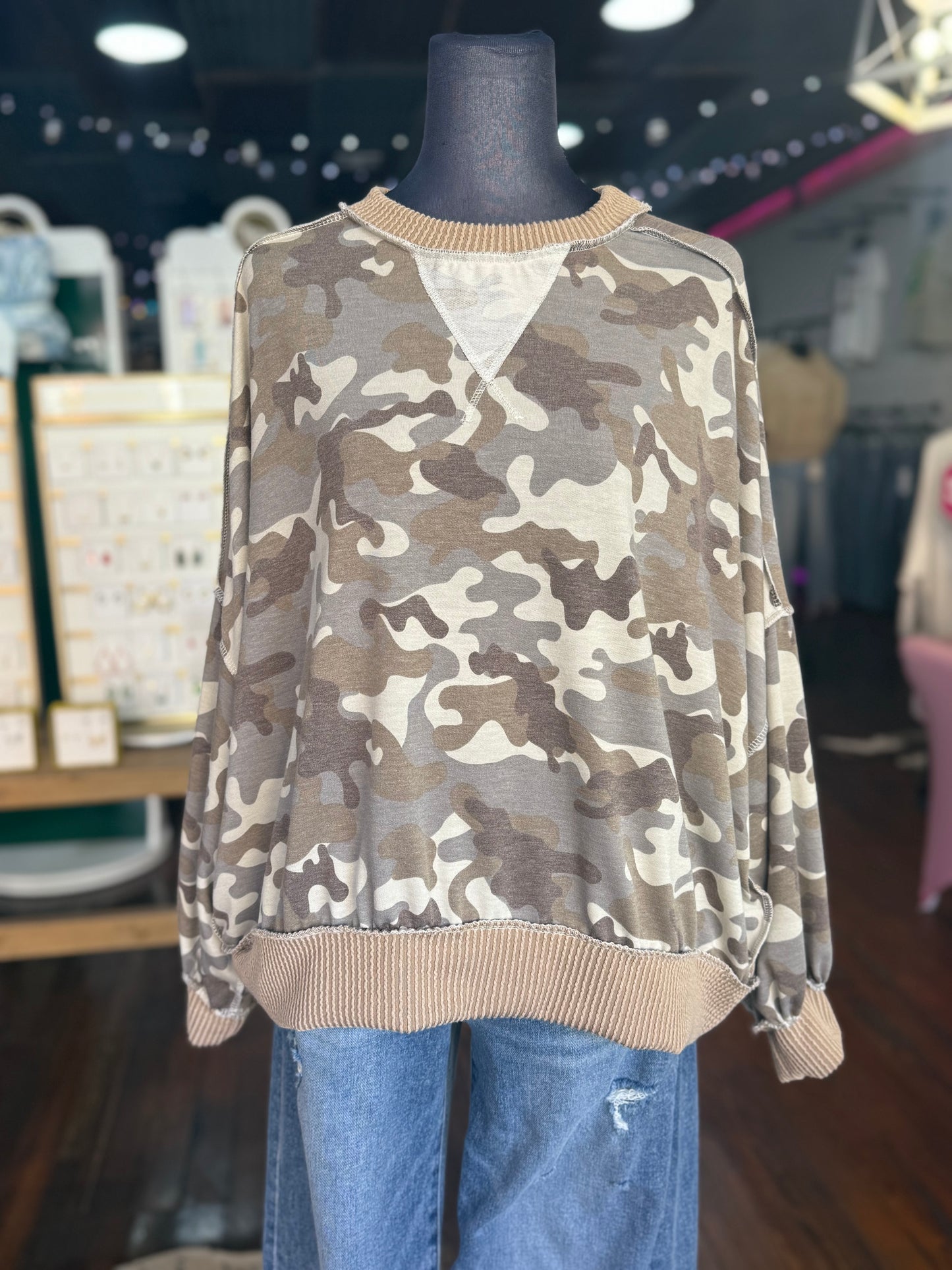 Camo Crewneck Oversized Pullover Top