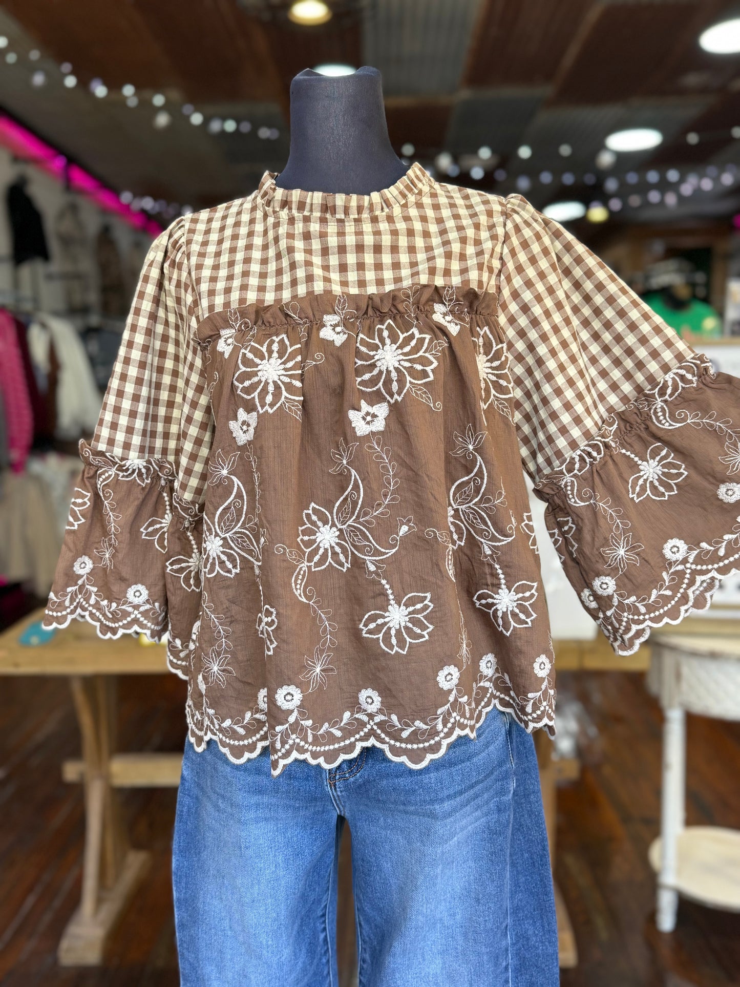 Embroidered Check Ruffle Blouse in Mocha
