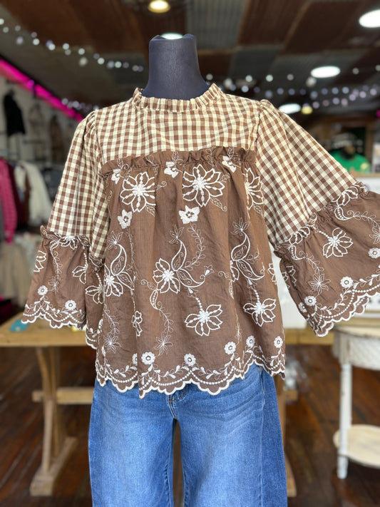 Embroidered Check Ruffle Blouse in Mocha
