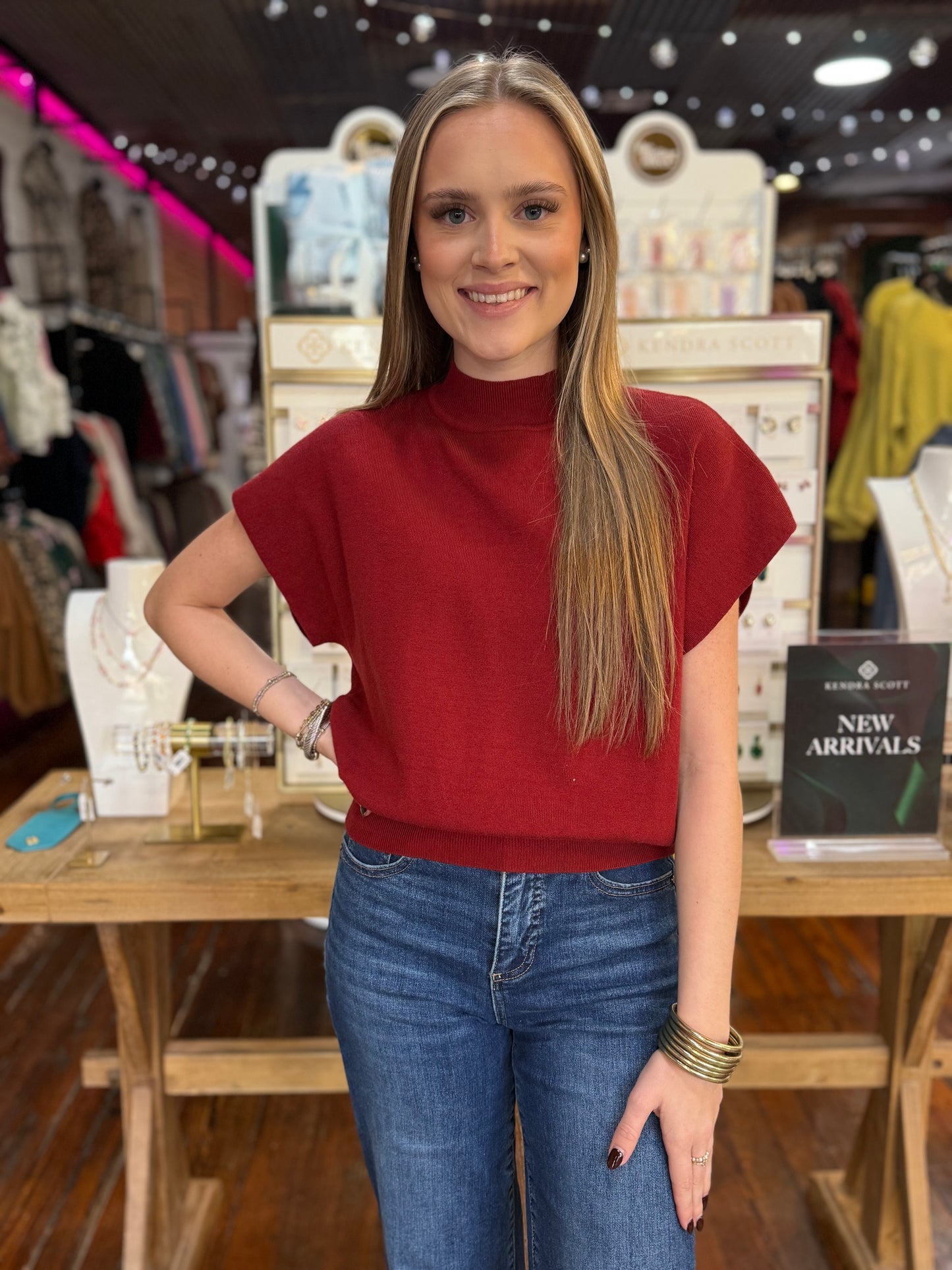 Mock Neck Knit Sweater Top in Merlot