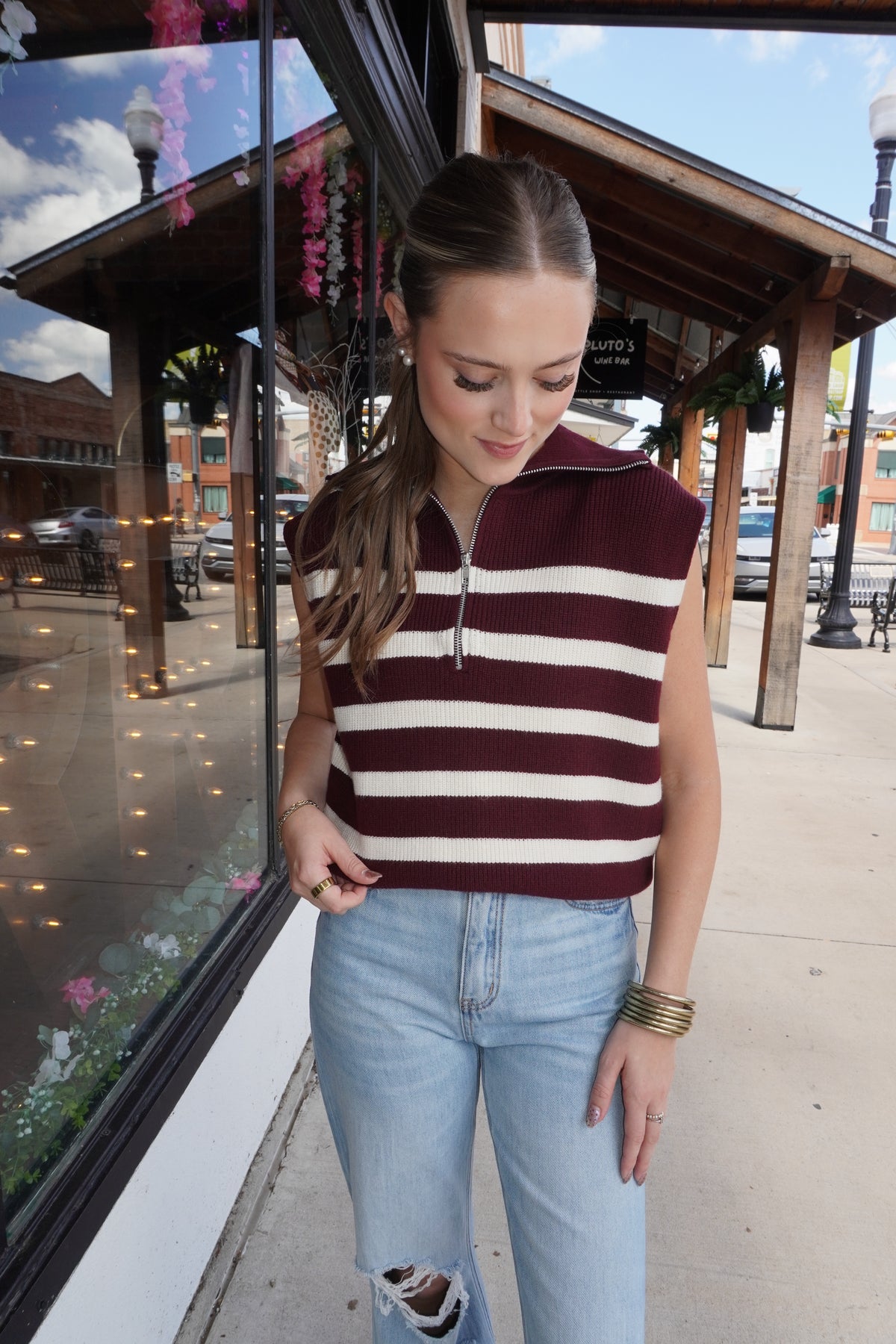 Half Zip Sleeveless Striped Sweater in Maroon