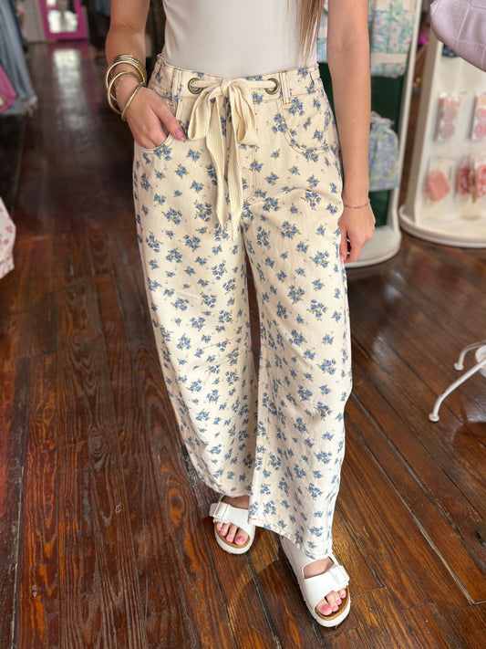 Cream/Blue Floral Denim Pants