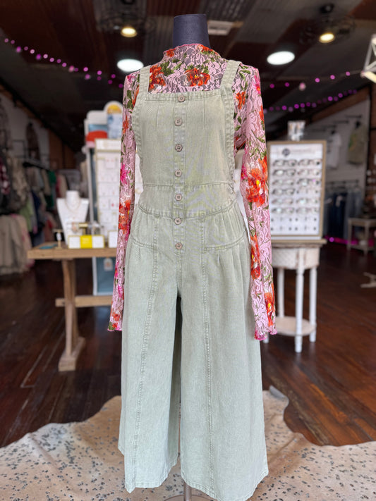 Washed Denim Jumpsuit in Olive
