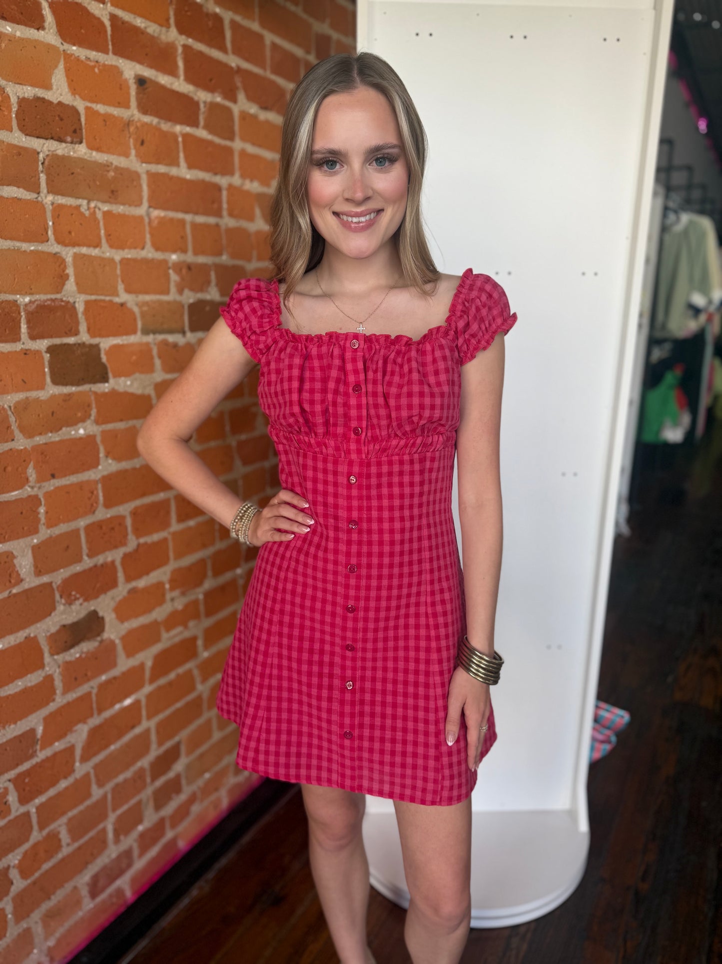 Gingham Frill Strap Mini Dress in Fuchsia