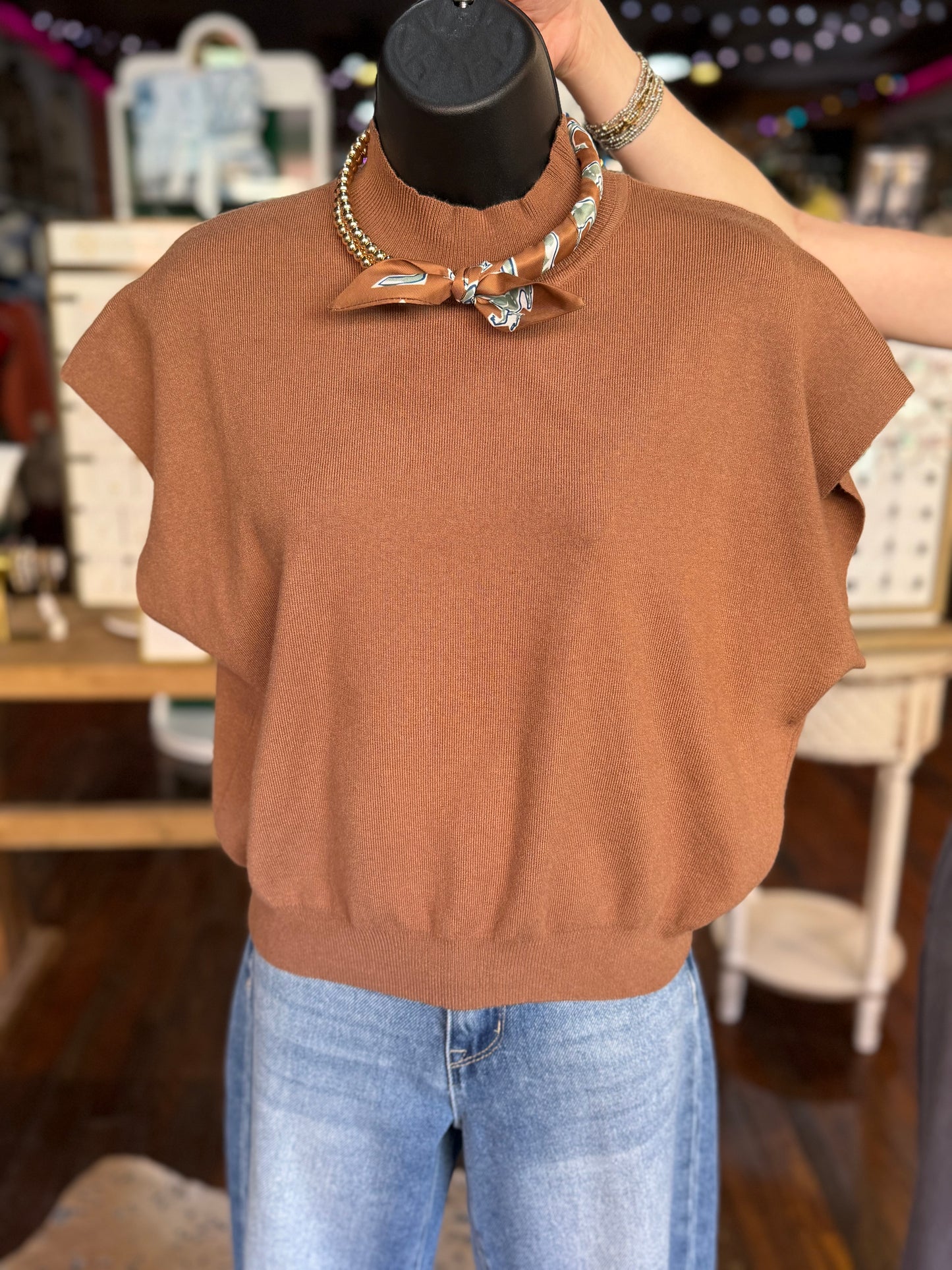 Mock Neck Knit Sweater Top in Coco