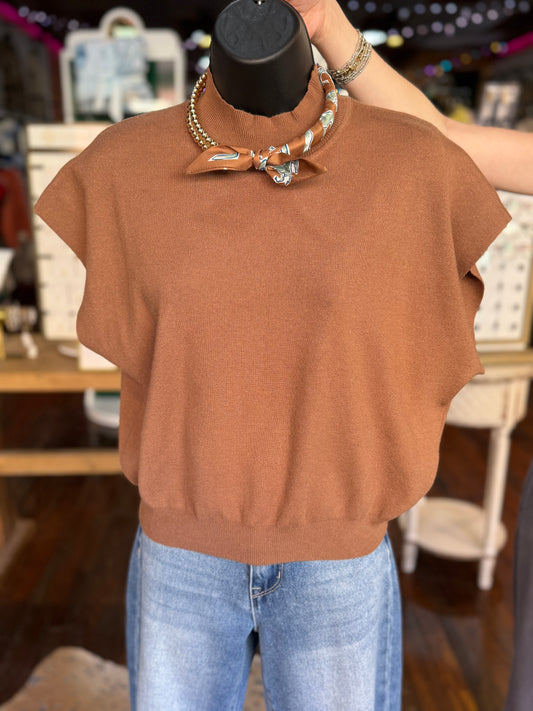 Mock Neck Knit Sweater Top in Coco