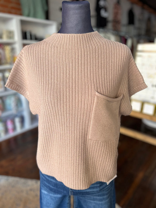 Mock Neck Short Sleeve Knit Sweater in Lt Taupe