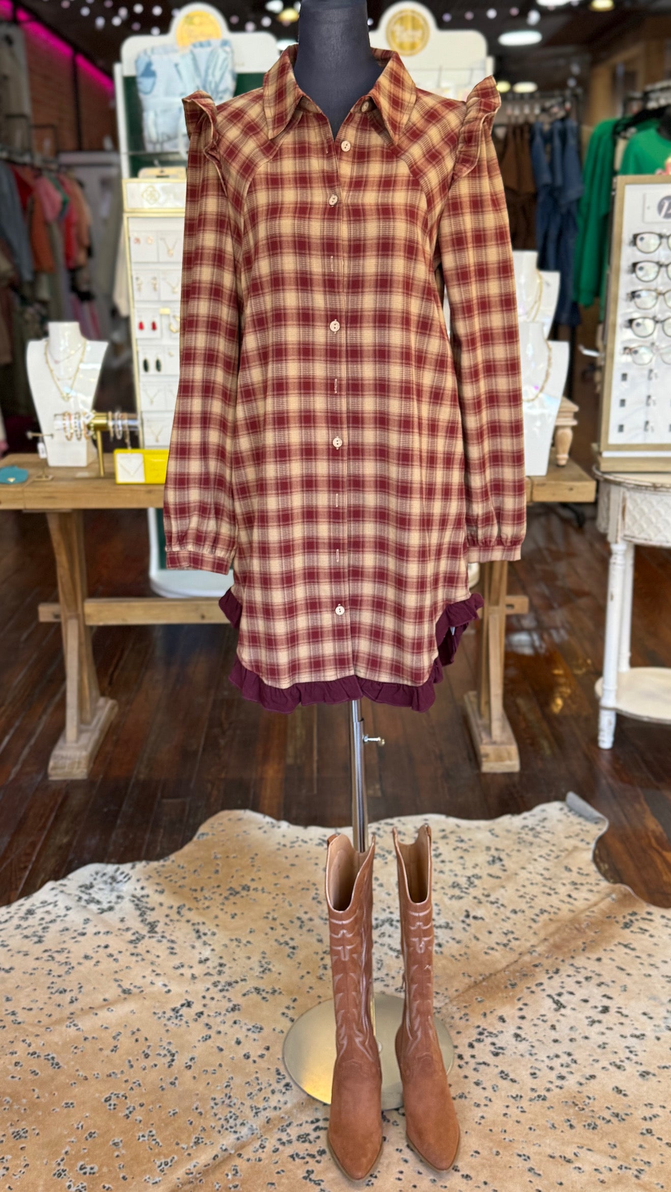 Plaid Trim Fall Dress in Red Mix