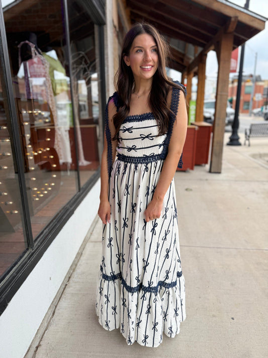 Ribbon + Bows Dress in Off White/Navy
