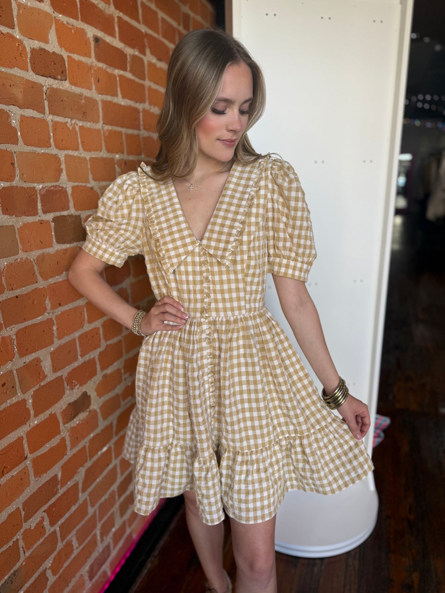 Peter Pan Gingham Dress in Beige