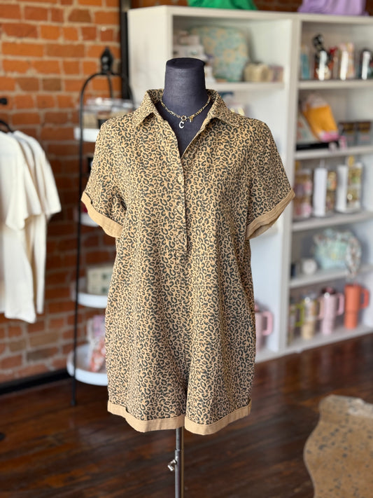 Leopard Denim Button Down Romper