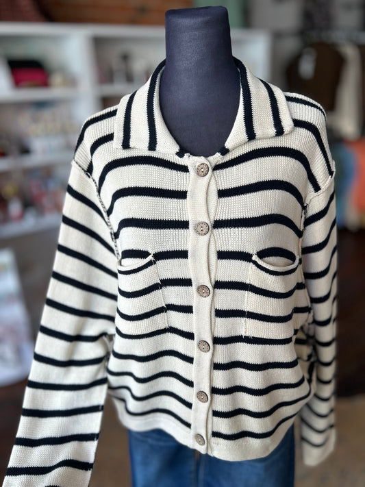Striped Collared Cardigan in Cream