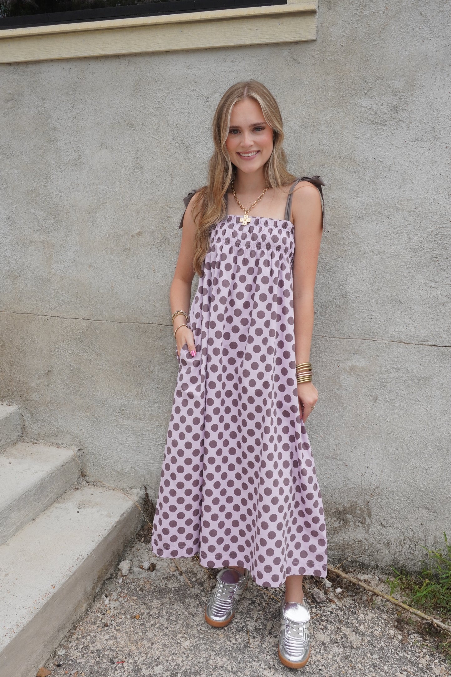 Purple Polka Dot Smocked Maxi Dress