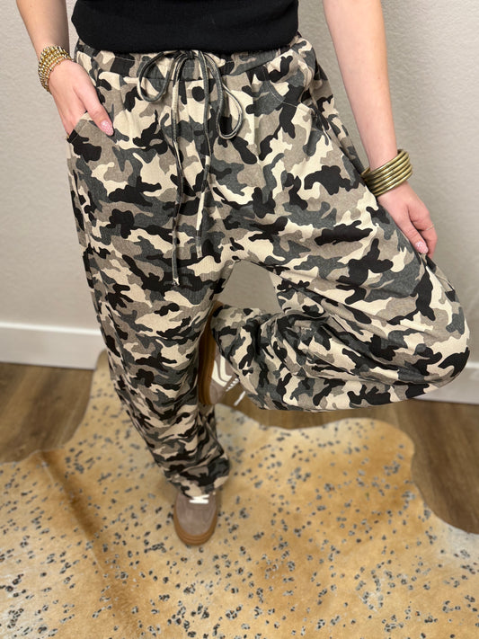 Camo Terry Barrel Pants