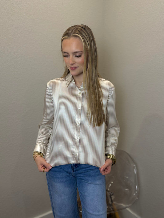 Kyle Stripe Button Down Blouse in Taupe