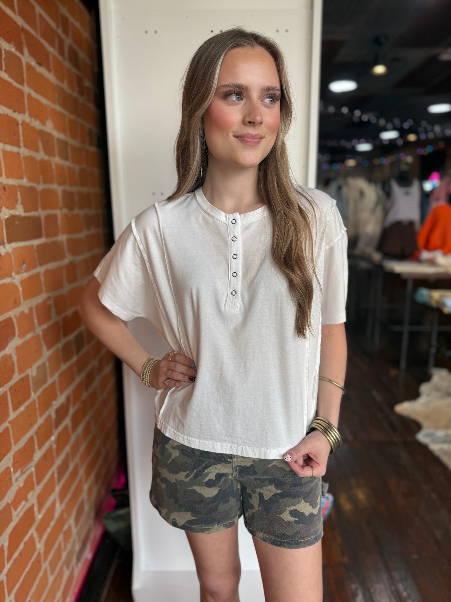 Boxy Henley Top in White