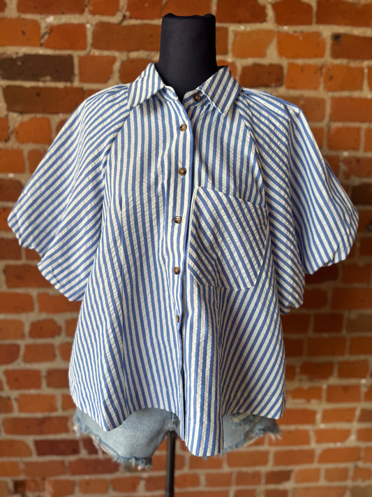 Bubble Sleeve Striped Top in Blue