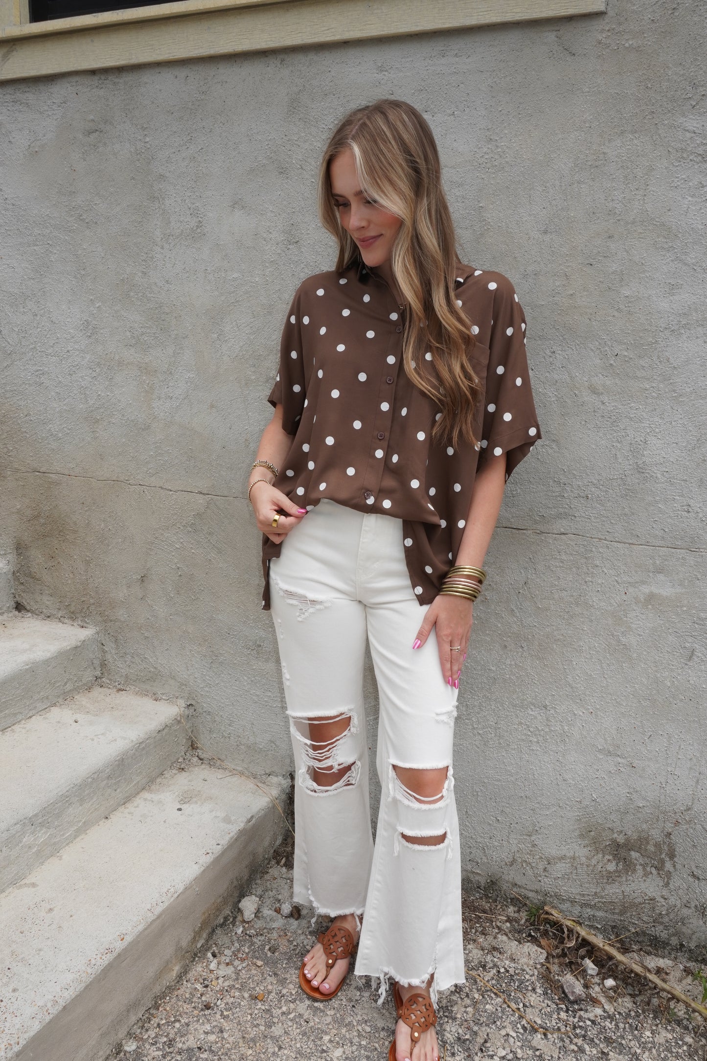 Polka Dot Collared Frocket Top in Brown