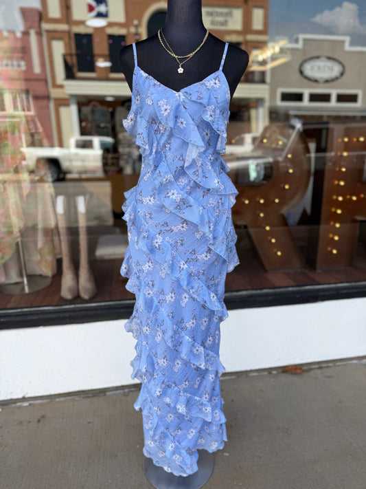 Ruffled Floral Maxi Dress in Periwinkle
