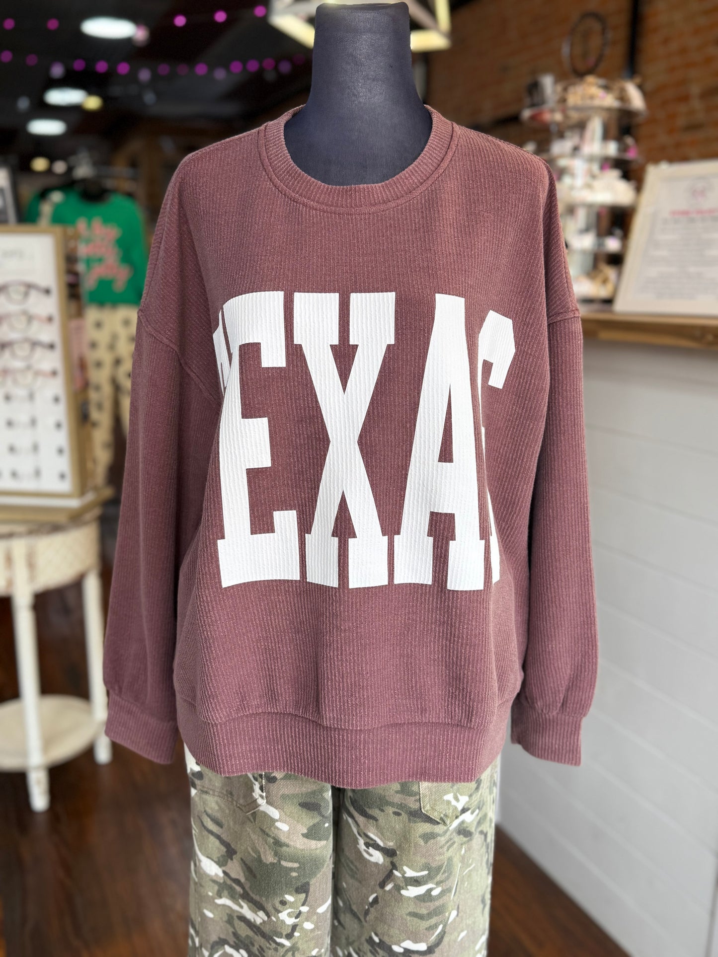 Texas Ribbed Knit Sweatshirt in Maroon