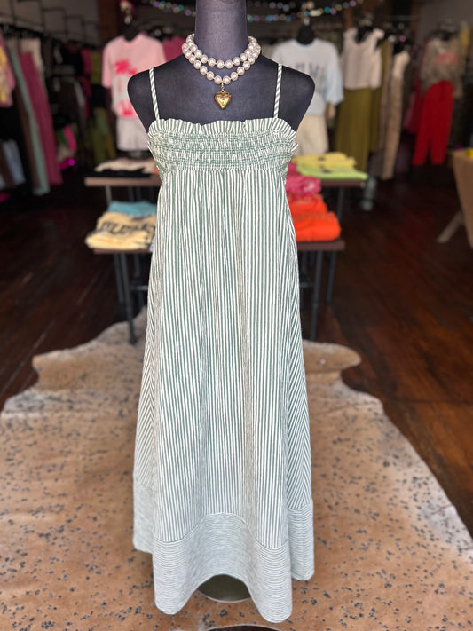 Emmi Smocked Striped Maxi Dress in Green