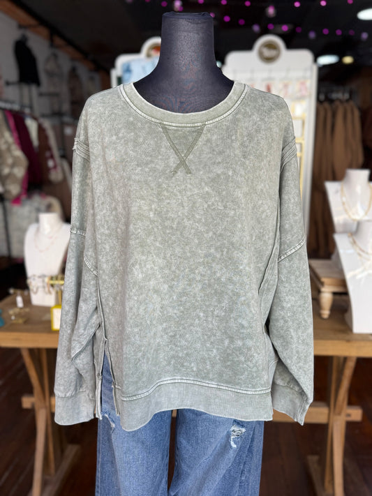 Washed Extended Shoulder Knit Top in Moss