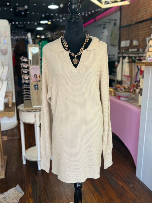 Chic Collared Sweater Dress in Cream