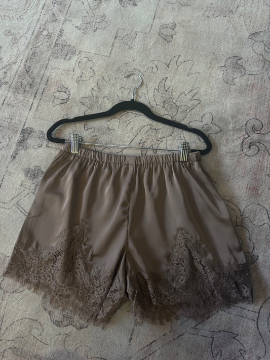 Lace Satin Shorts in Brown