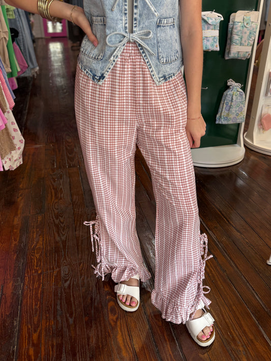 Gingham Bow Tie Ruffle Hem Pants