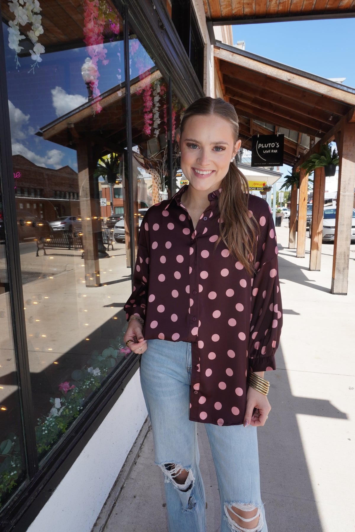 Polka Dot Silk Blouse in Burgundy