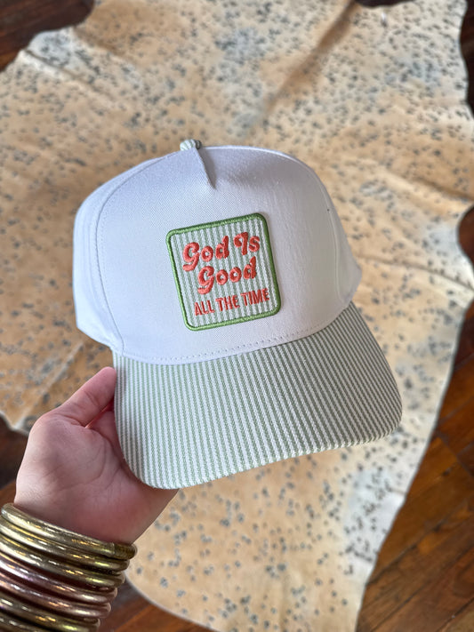God is Good Seersucker Trucker Hat in Sage