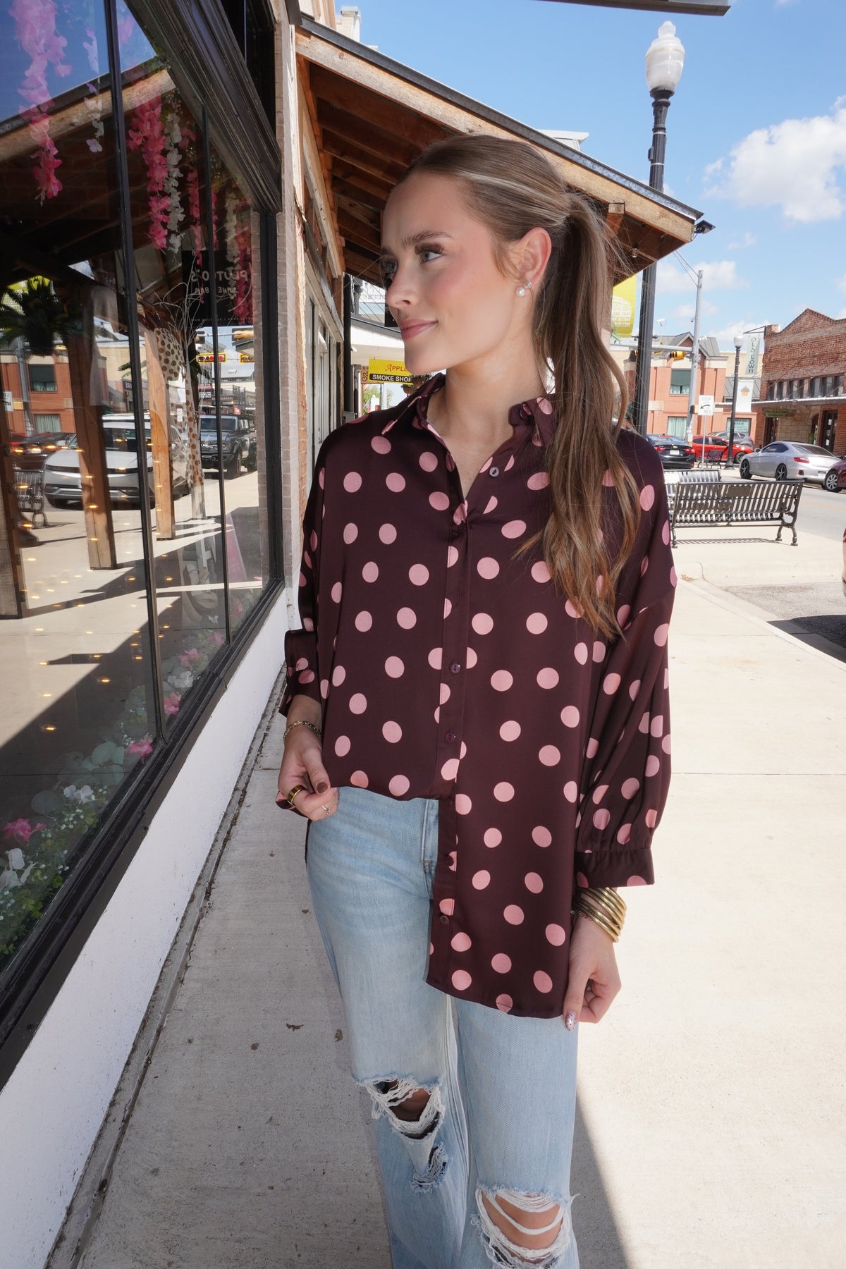 Polka Dot Silk Blouse in Burgundy