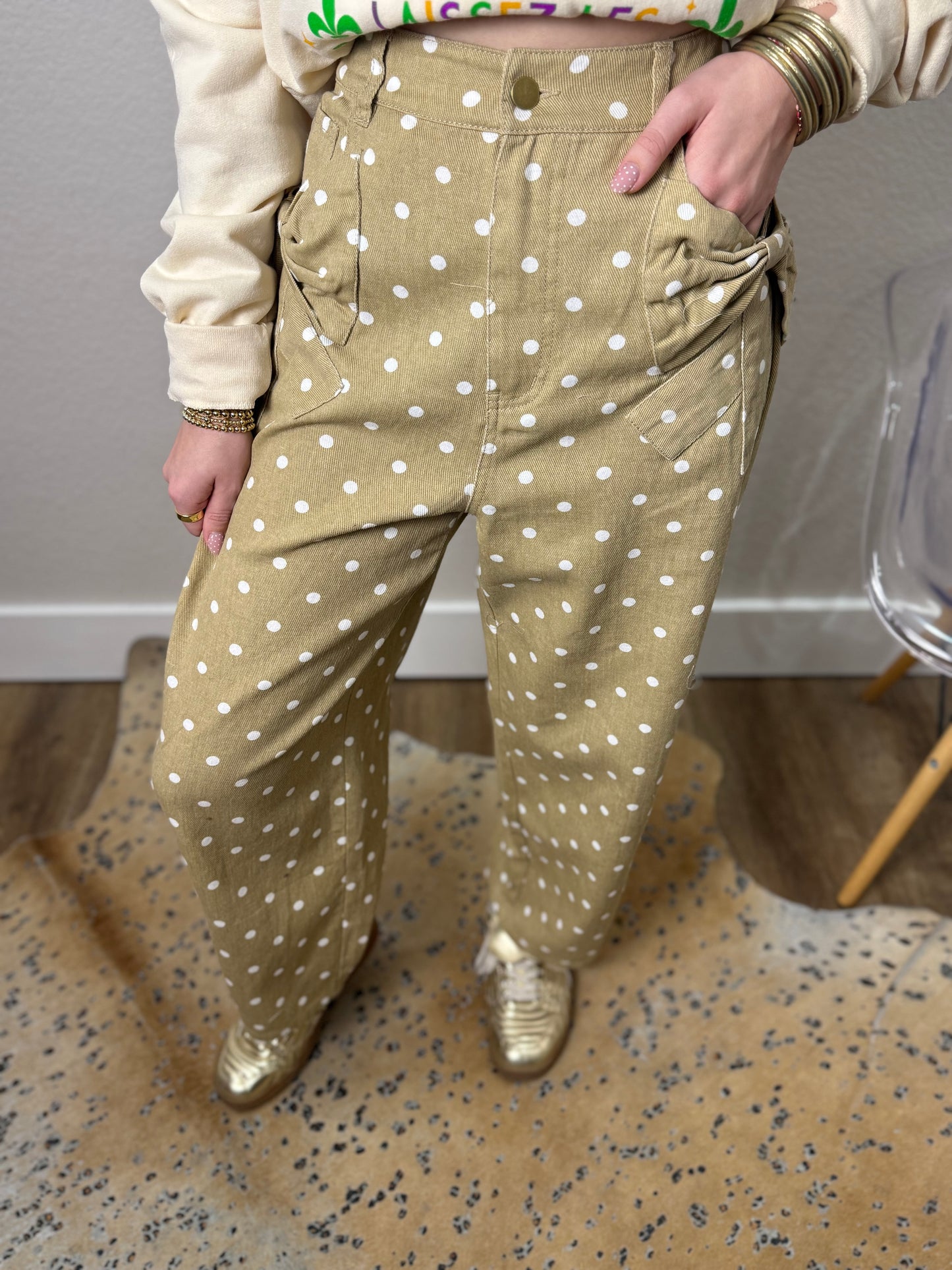 Polka Dot Bow Tied Denim Pants in Taupe