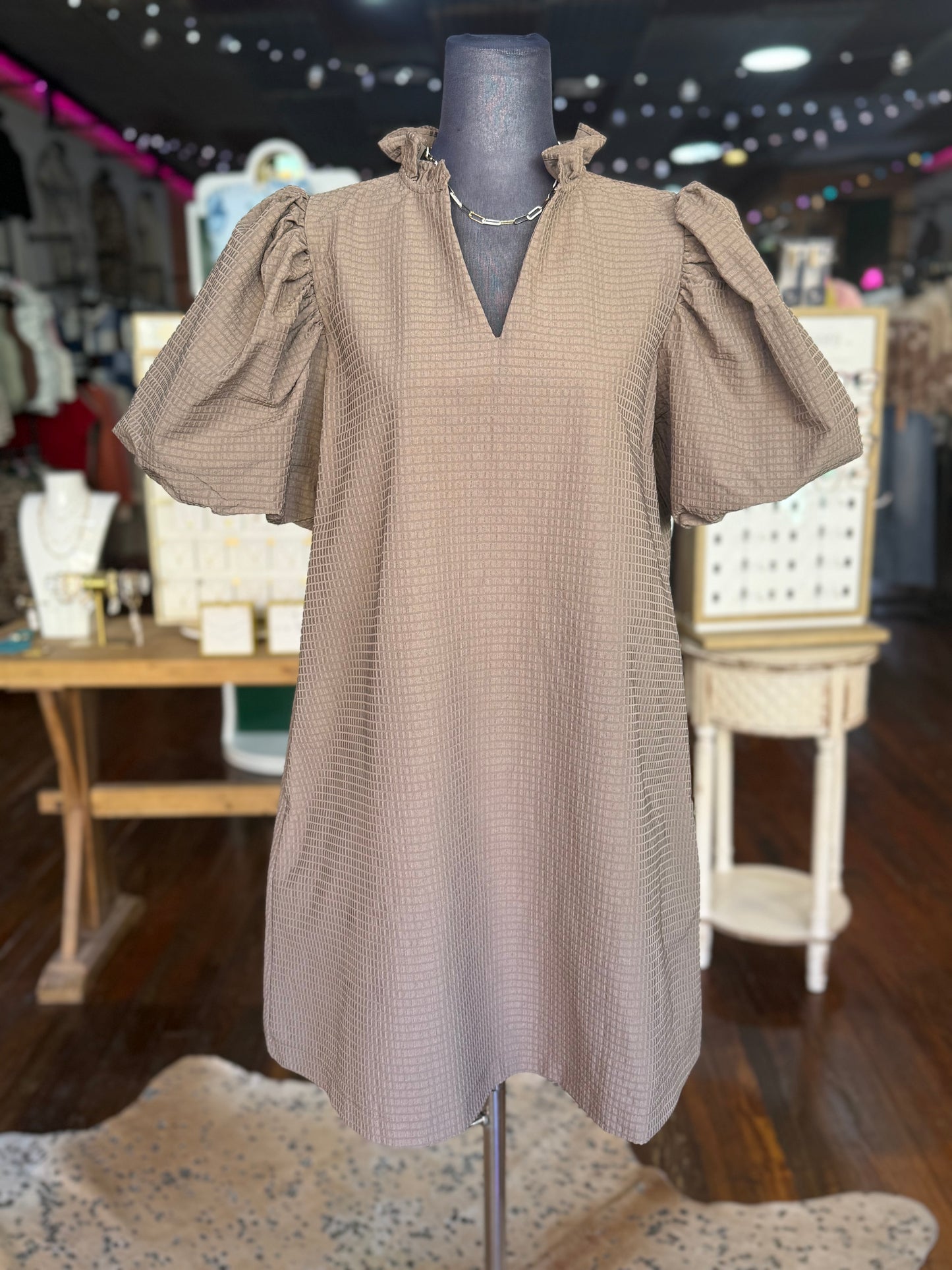 Ritzy Ruffle Dress in Mocha