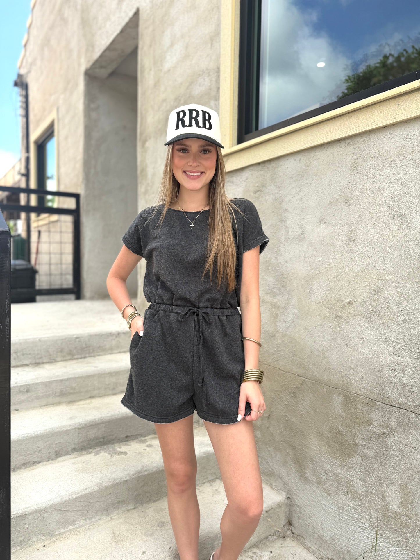 Cap Sleeve Drawstring Romper in Black