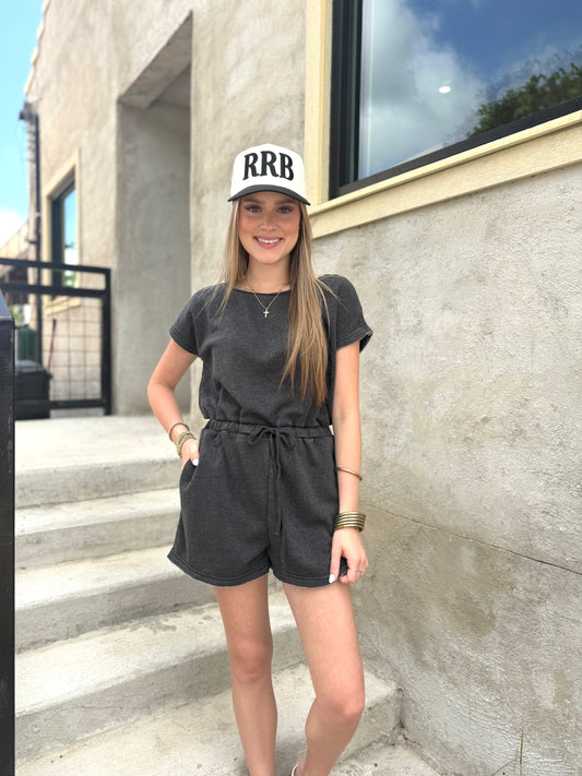 Cap Sleeve Drawstring Romper in Black