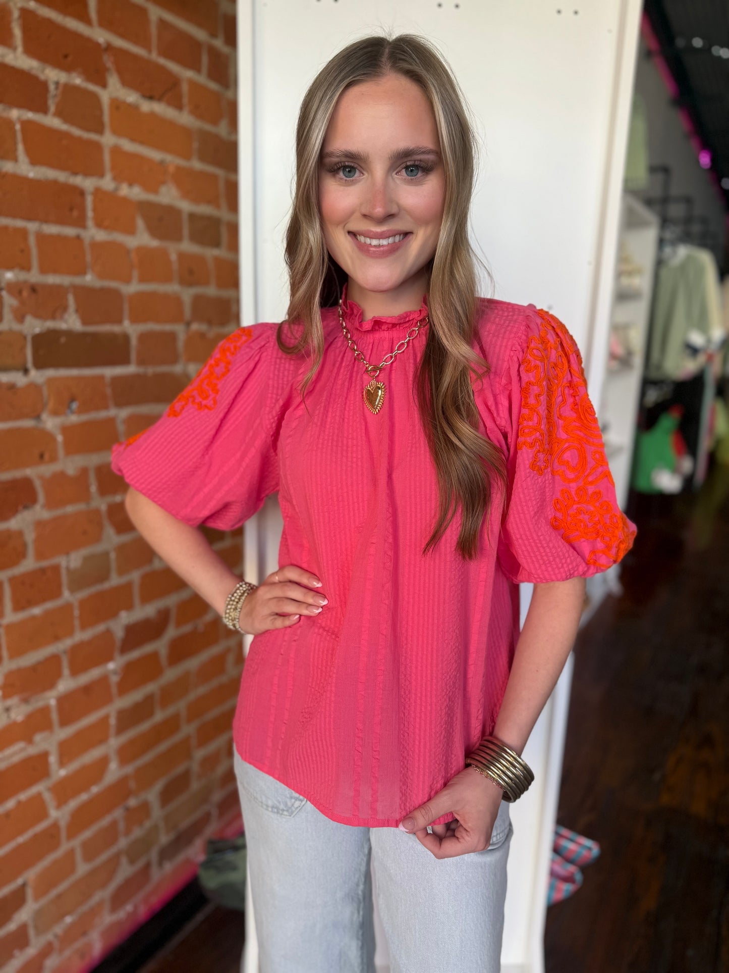 Ritzy Embroidered Puff Sleeve Top in Pink
