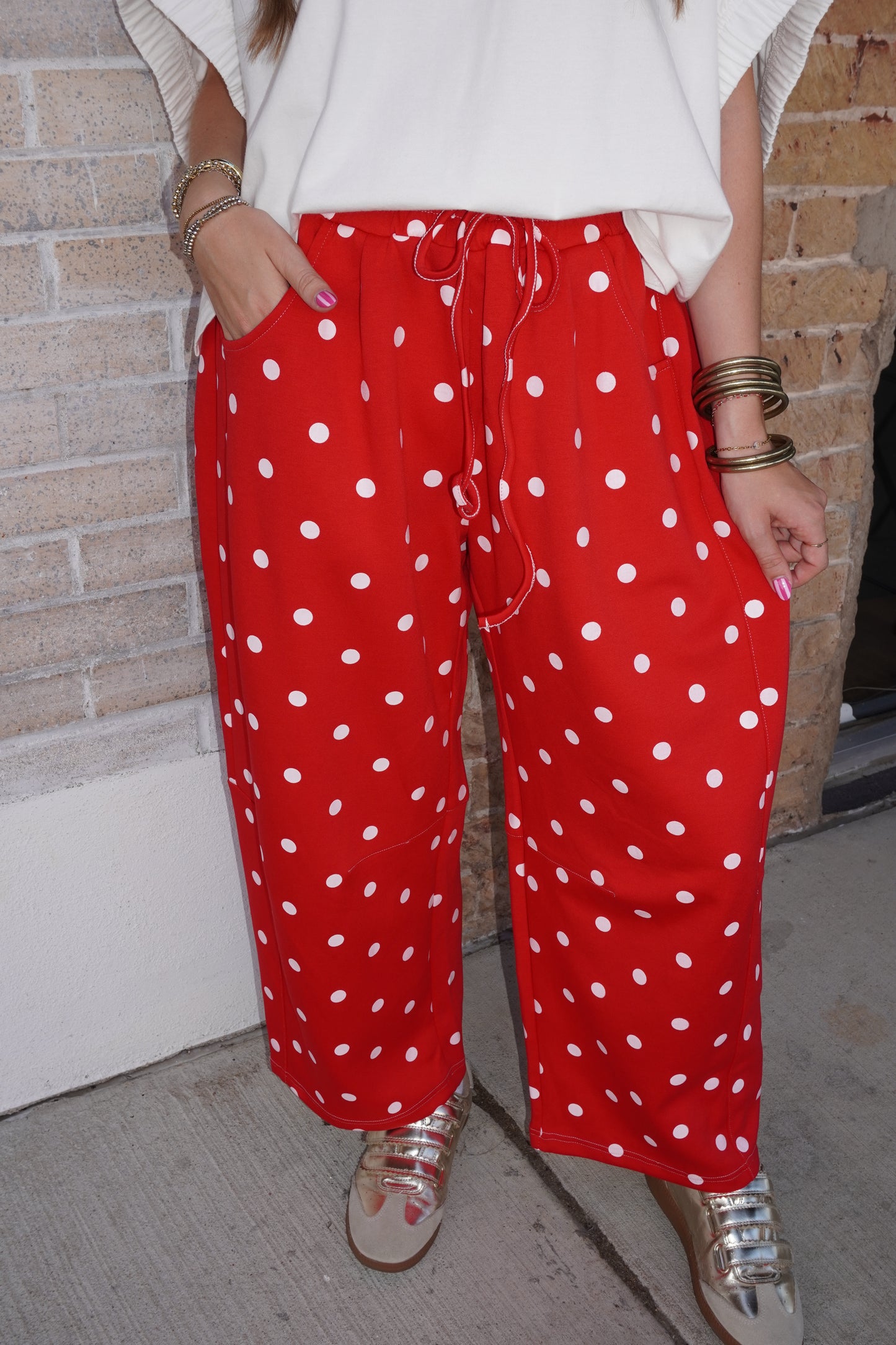 Polka Dot Scuba Barrel Pants in Red